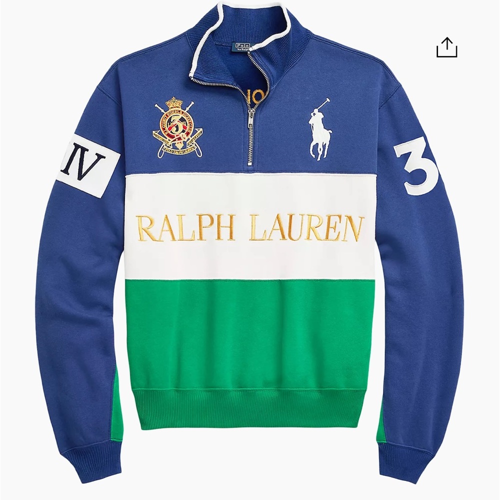 Ralph Lauren Logo Paneled Cotton Fleece Half-Zip Sweatshirt - yacht blue